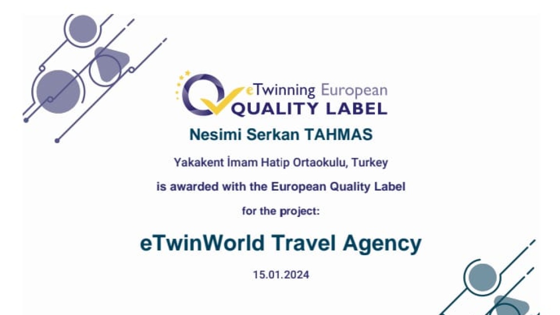 Okulumuz öğretmeni Nesimi Serkan Tahmas  tarafından yürütülen Uluslararası eTwinning projeleri Avrupa Kalite Etiketi ile ödüllendirildi.